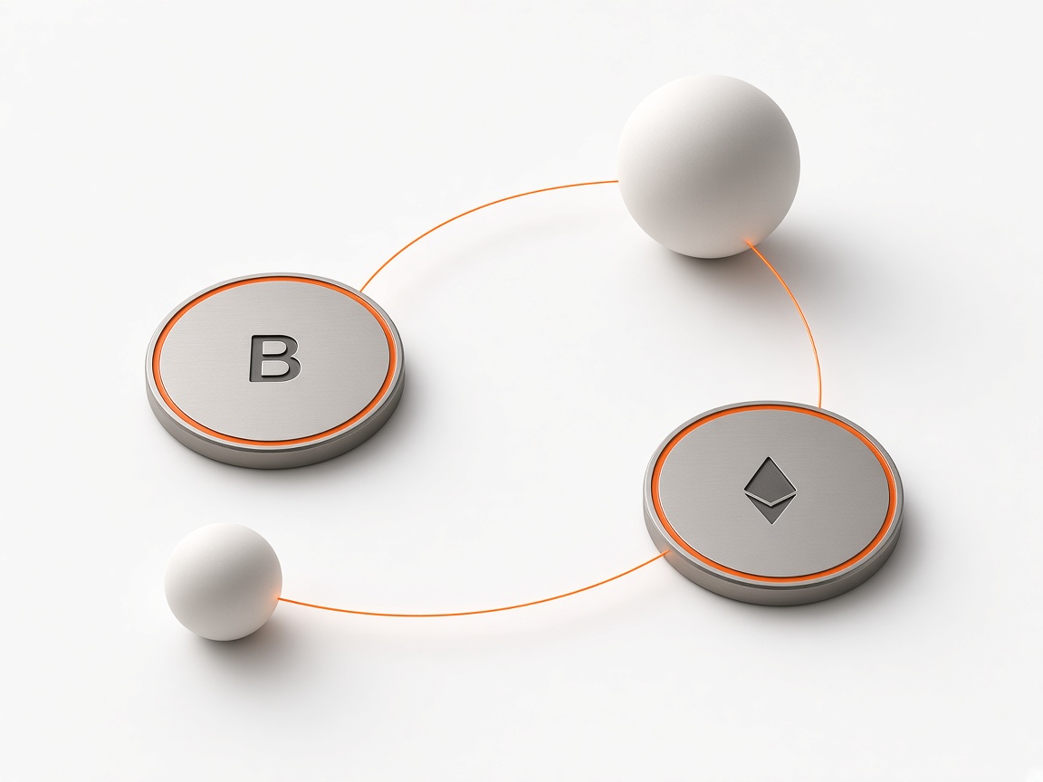 Bitcoin and Ethereum tokens linked by orange arcs