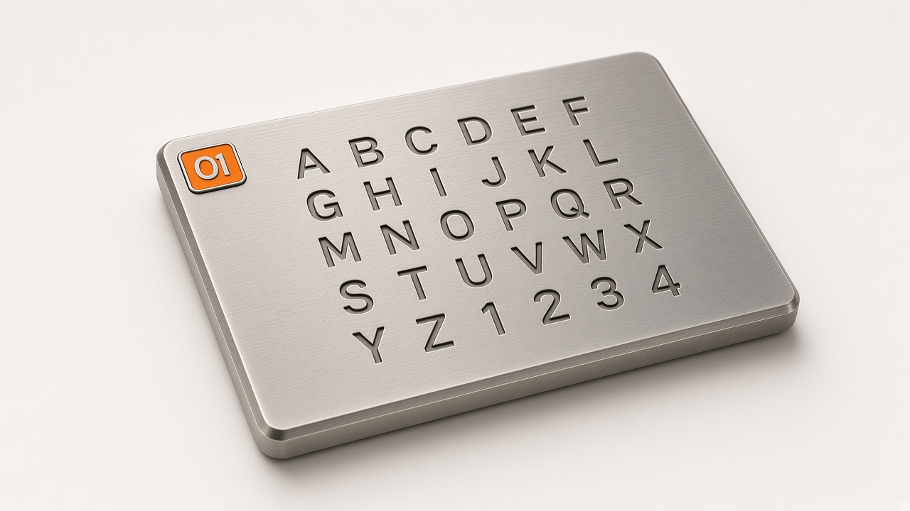 Brushed aluminum seed-phrase recovery plate on ceramic