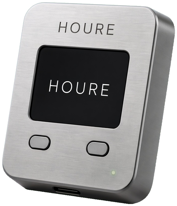 houre hardware wallet, brushed titanium, standing upright